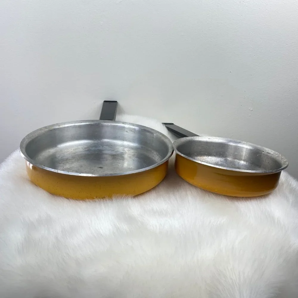Pair of 70s West Bend Yellow Enamel Frying Pans